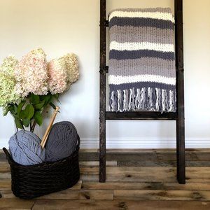 Grey /Cream Stripe Full Knit Blanket with Stripe